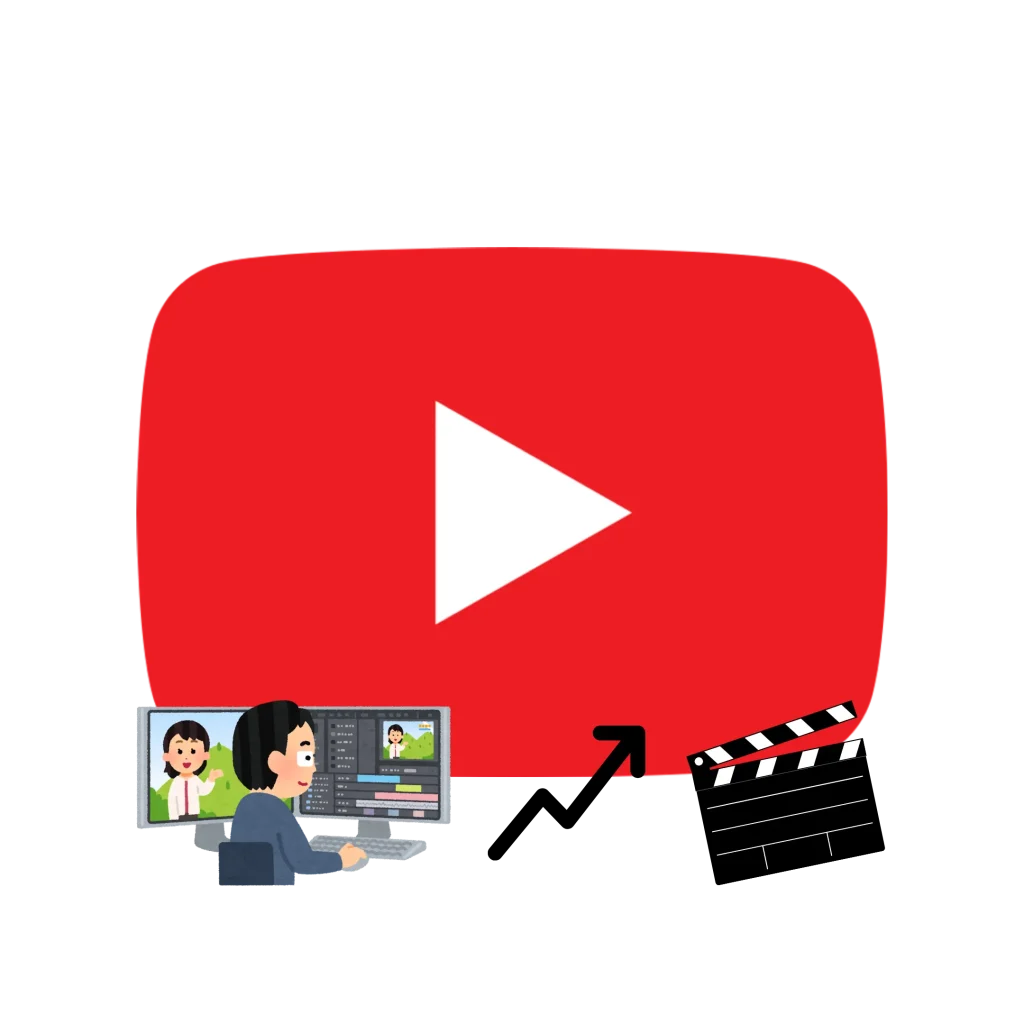 Mon parcours Un logo YouTube accompagné de pictogrammes symbolisant, de gauche à droite, le parcours de Franck Gregoire sur YouTube et ses apprentissages : le montage vidéo, la croissance et le tournage.