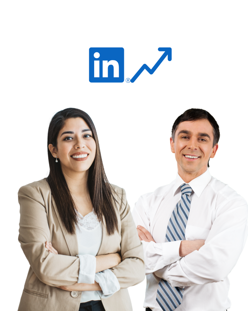 Formation réseaux sociaux / employee advocacy Un homme avec une chemise blanche et cravate rayée bleue/gris à droite, une femme aux cheveux marrons longs, avec un blazer marron clair, surplombé par un logo LinkedIn et un pictogramme de croissance. Ils représentent des participants potentiels à un programme d'employee advocacy.